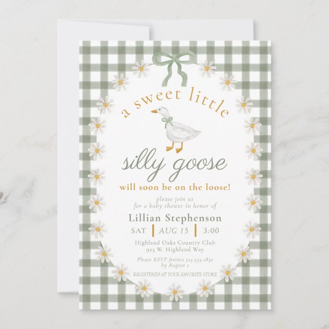Invitation Silly Goose Green Bow Daisy Gingham Baby Shower (Devant)