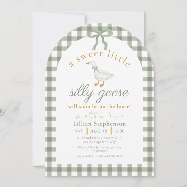 Invitation Silly Goose Green Gingham Bow Baby Shower Arch (Devant)