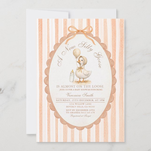 Invitation Silly Goose Peach Stripes & Bow Farm Animal Invite (Devant)