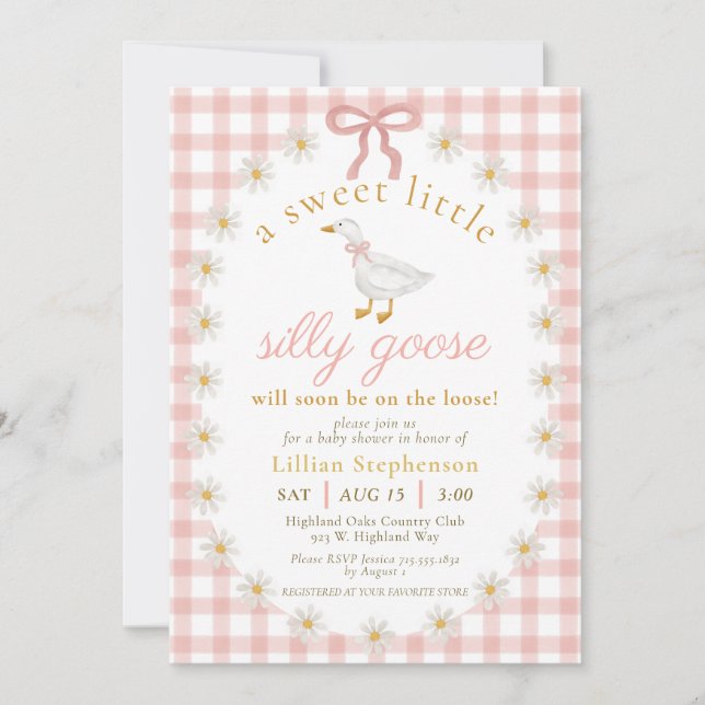 Invitation Silly Goose Pink Bow Daisy Gingham Baby Shower (Devant)