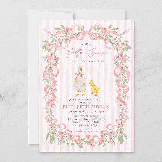 Invitation  Silly Goose Pink Bow Floral QR Code Baby Shower  (Devant)
