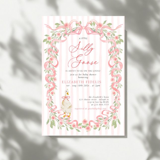 Invitation  Silly Goose  Pink Bow Floral Roses Baby Shower (Créateur téléchargé)