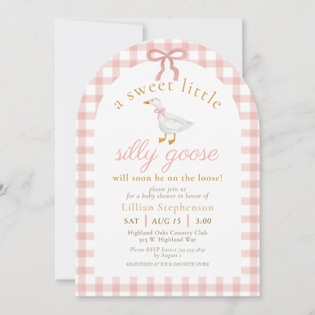 Invitation Silly Goose Pink Bow Gingham Baby Shower Arch (Devant)