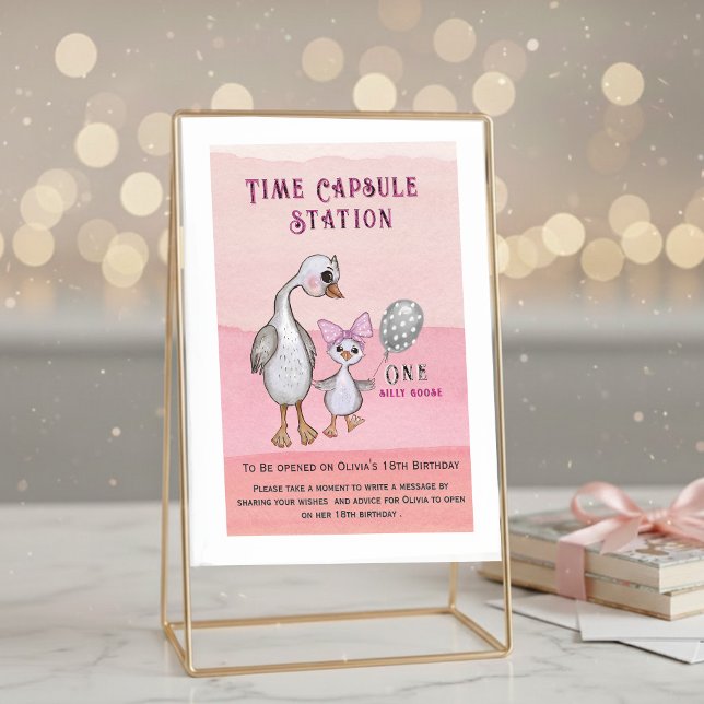 Invitation Silly Goose & Pink Bow | Time Capsule Station Sign (Silly Goose & Pink Bow | Time Capsule Station Card)