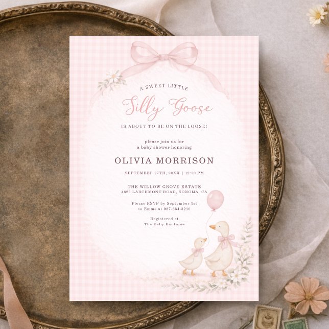 Invitation Silly Goose Pink Gingham Baby Shower (Créateur téléchargé)