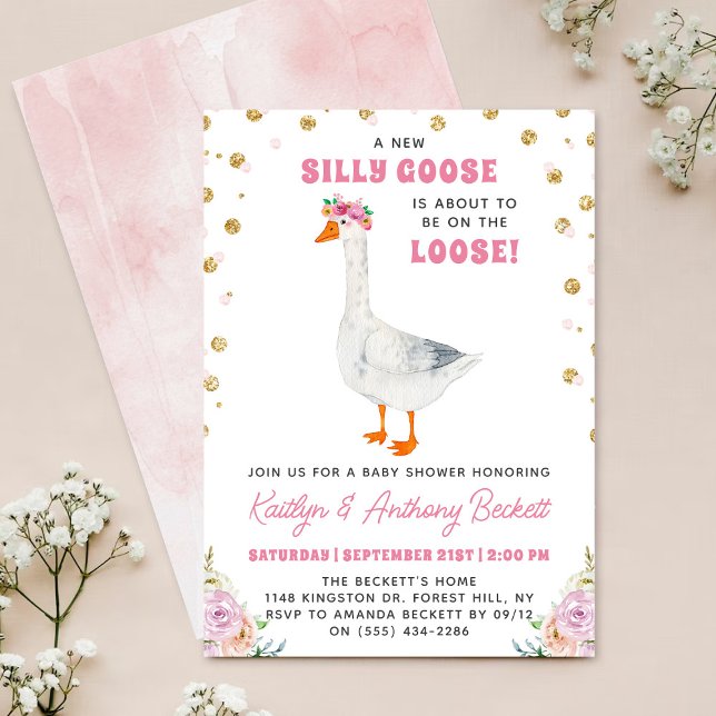 Invitation Silly Goose Pink Watercolor Girls Baby Shower (Créateur téléchargé)