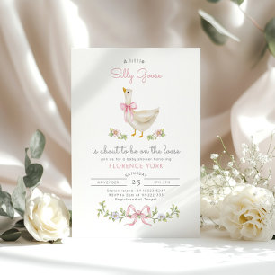 Invitation Silly Goose whimsical Pink Bow Baby girl douche