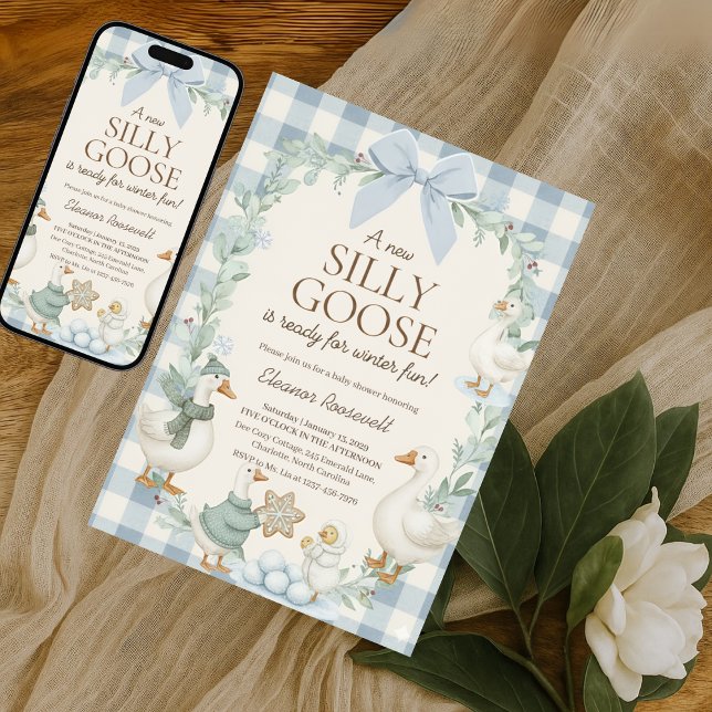 Invitation Silly Goose Winter Baby Shower Blue Gingham  (Créateur téléchargé)