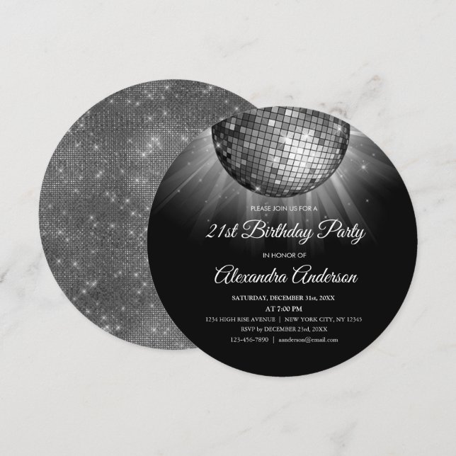 Invitation Silver 21e fête d'anniversaire Silver Disco Ball (Devant / Derrière)