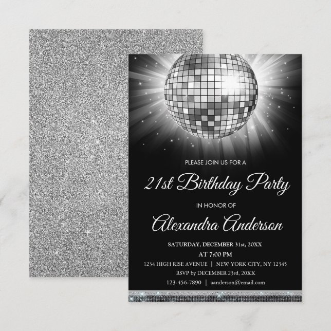 Invitation Silver 21st Birthday Party Disco Ball - 70's Party (Devant / Derrière)