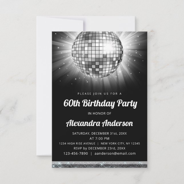 Invitation Silver 60th Birthday Party 70's Disco Ball (Devant)