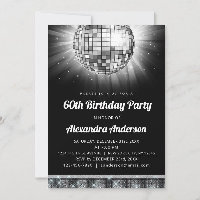 Invitation Silver 60th Birthday Party 70's Disco Ball (Devant)