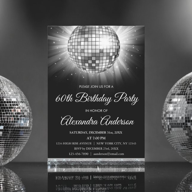 Invitation Silver 60th Birthday Party 70's Disco Ball (Créateur téléchargé)