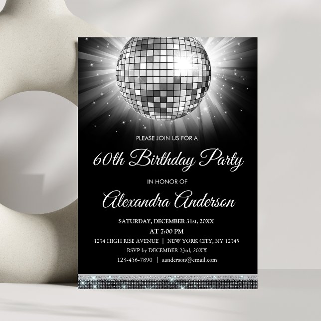 Invitation Silver 60th Birthday Party 70's Disco Ball (Créateur téléchargé)