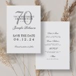 Invitation Silver 70th Birthday Enregistrer la date Détails<br><div class="desc">Design élégant "70th Birthday Party" avec un script de typographie formel,  nom personnalisé et texte de détails. Facile à utiliser et facile à personnaliser. Commandez aujourd'hui !</div>