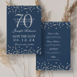 Invitation Silver 70th Birthday Save Date Détails Marine<br><div class="desc">Elégant design "70th Birthday Party" avec faux confettis de parties scintillant & détails texte. Facile à utiliser et facile à personnaliser. Commandez aujourd'hui !</div>
