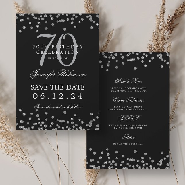 Invitation Silver 70th Birthday Save Date Détails Noir (Silver 70th Birthday Save Date Details Black Invitation)