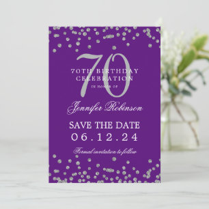 Invitation Silver 70th Birthday Save Date Détails Purple