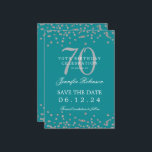 Invitation Silver 70th Birthday Save Date Détails Turquoise<br><div class="desc">Elégant design "70th Birthday Party" avec faux confettis de parties scintillant & détails texte. Facile à utiliser et facile à personnaliser. Commandez aujourd'hui !</div>