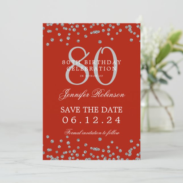 Invitation Silver 80th Birthday Party Détails de la date de s (Debout devant)