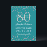 Invitation Silver 80th Birthday Save Date Details Turquoise<br><div class="desc">Elégant design "70th Birthday Party" avec faux confettis de parties scintillant & détails texte. Facile à utiliser et facile à personnaliser. Commandez aujourd'hui !</div>
