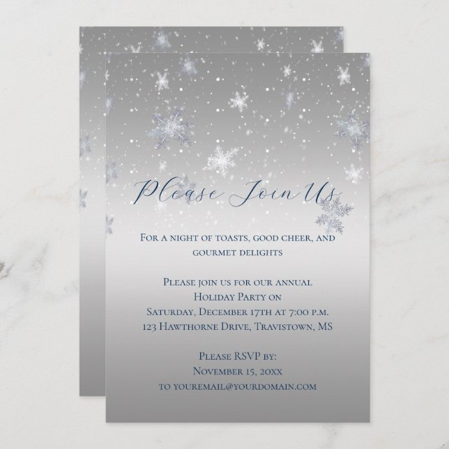Invitation Silver and Blue Snowflakes Christmas Party | (Devant / Derrière)