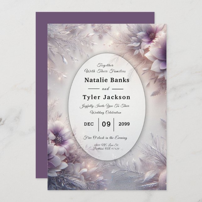 Invitation Silver and Soft Amethyst Winter Blooms Wedding (Devant / Derrière)