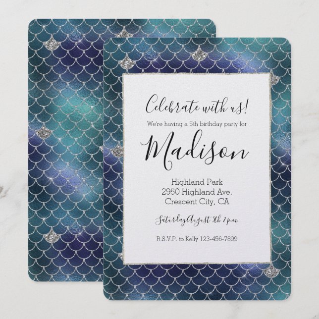Invitation Silver Aqua Blue Mermaid Glitz (Devant / Derrière)