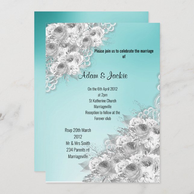 Invitation Silver Aqua Floral LACE ÉLÉGANT MARIAGE MODERNE (Devant / Derrière)
