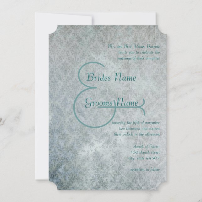 Invitation Silver Aqua Rustique Dentelle Perdue Mariage damas (Devant)
