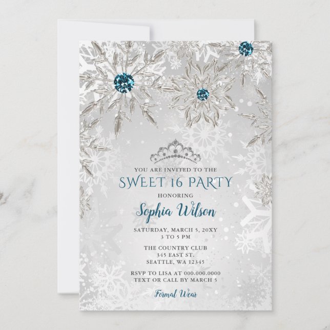 Invitation Silver Aqua Snowflakes Tiara Sweet 16