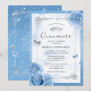 Invitation Silver Bahama Bleu Roses Élégante Quinceanera