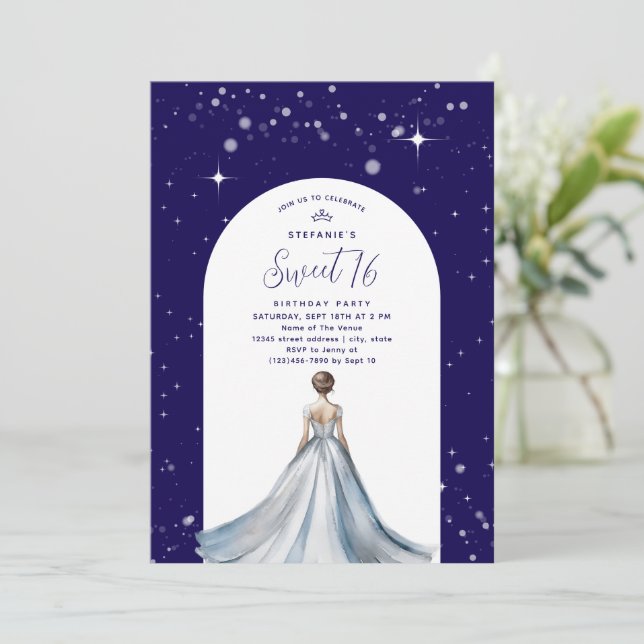 Invitation Silver Ball Gown Dress Navy Blue Sweet 16 Birthday (Debout devant)