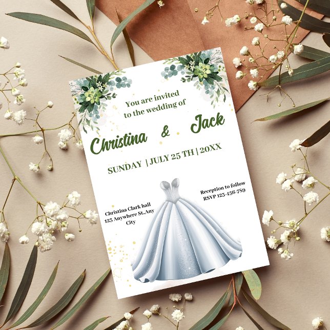 Invitation Silver Ballgown - Sage Botanical Design mariage (Créateur téléchargé)