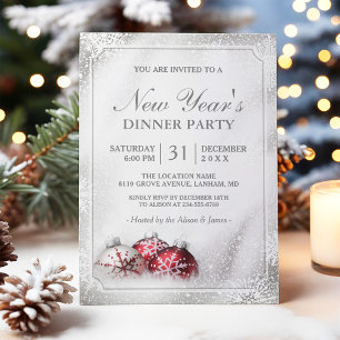 Invitation Silver Baubles Snowflakes Dîner de Nouvel An