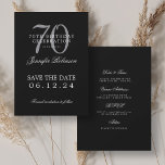 Invitation Silver Black 70th Birthday Enregistrer la date Dét<br><div class="desc">Design élégant "70th Birthday Party" avec un script de typographie formel,  nom personnalisé et texte de détails. Facile à utiliser et facile à personnaliser. Commandez aujourd'hui !</div>