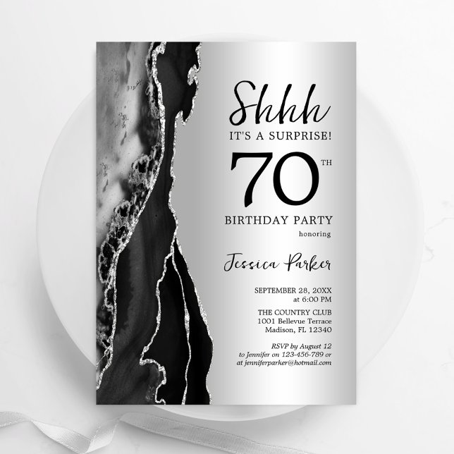 Invitation Silver Black Agate Surprise 70e anniversaire (Créateur téléchargé)