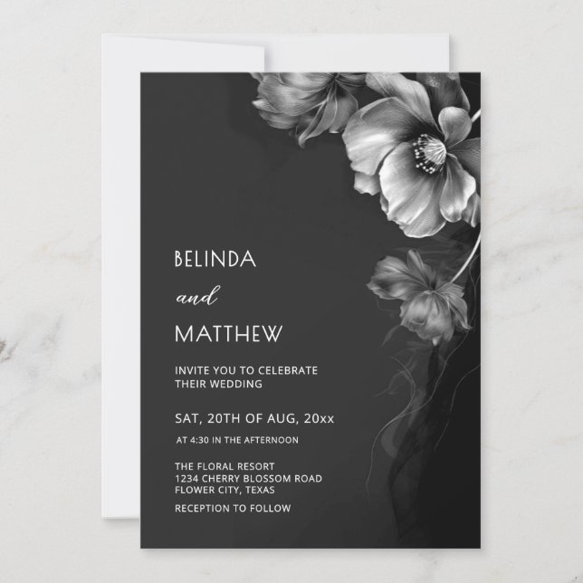 Invitation Silver Black And White Flowers Wedding  (Devant)