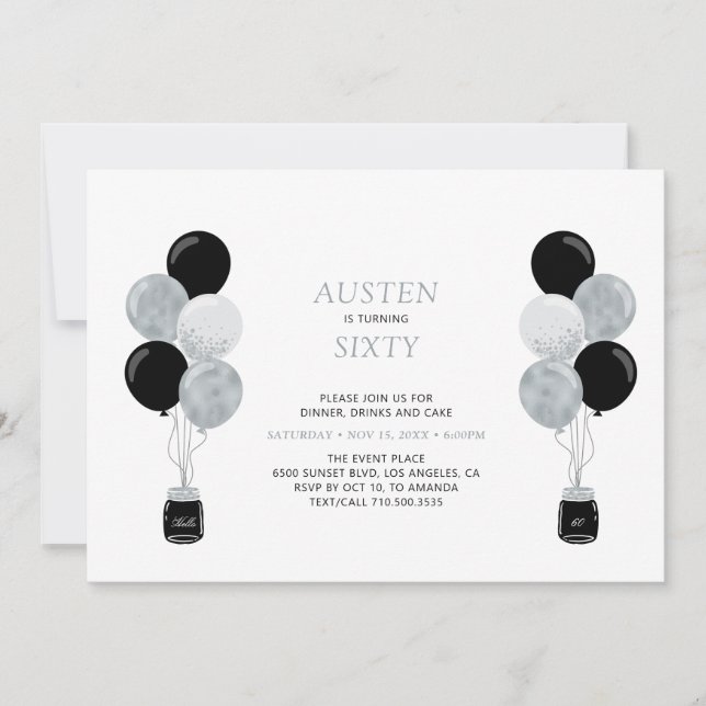 Invitation Silver & Black Balloon moderne Adulte fête d'anniv (Devant)