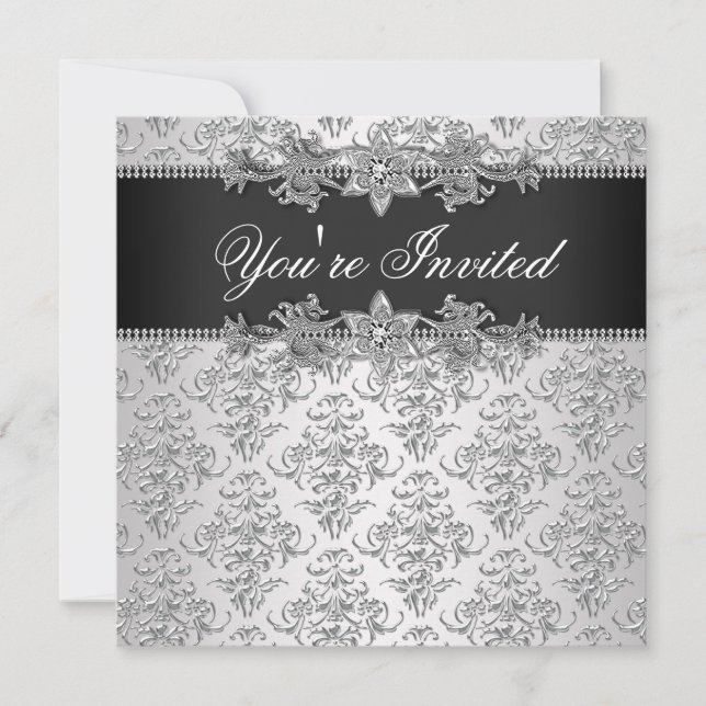 Invitation Silver Black Damask Black Damask Party (Devant)