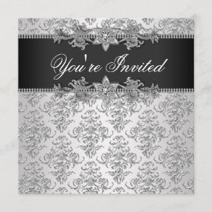 Invitation Silver Black Damask Black Damask Party
