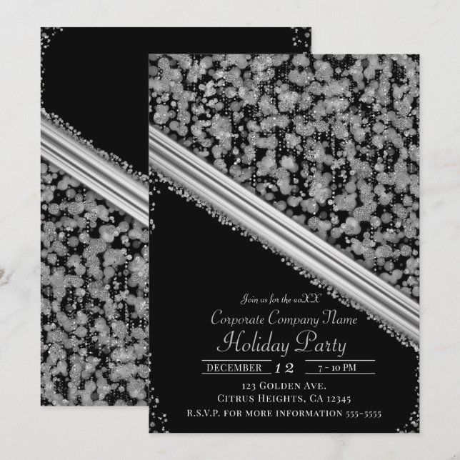 Invitation Silver & Black Elegant Glam Company Fête de vacanc (Devant / Derrière)