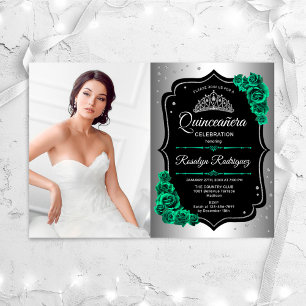 Invitation Silver Black Emerald Green Photo Quinceanera