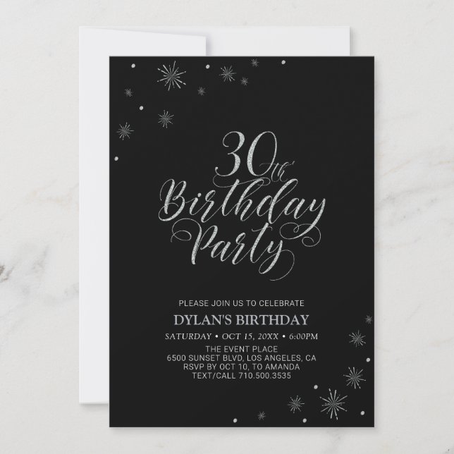 Invitation Silver & Black | Fête d'anniversaire chic de 30 an (Devant)