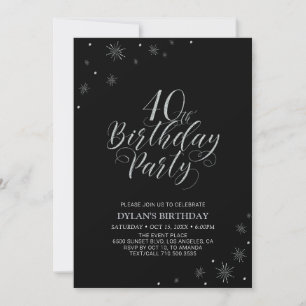 Invitation Silver & Black   Fête de 40 ans chic moderne
