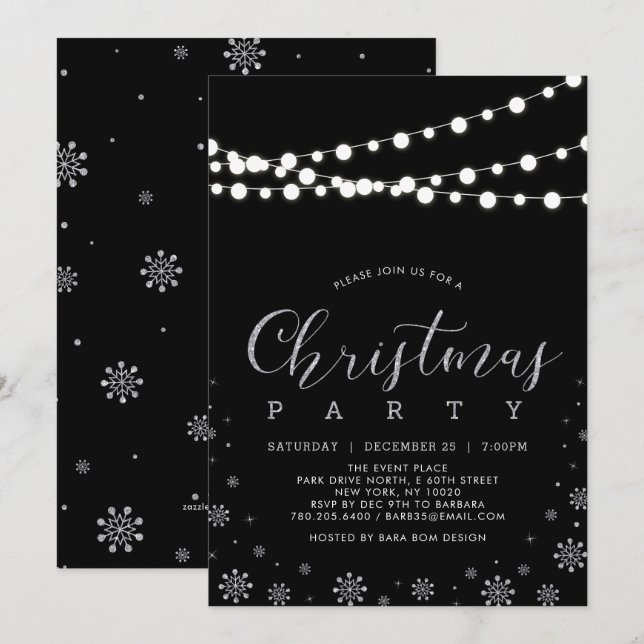 Invitation Silver & Black | Guirlande Lumineuse Fête de Noël (Devant / Derrière)
