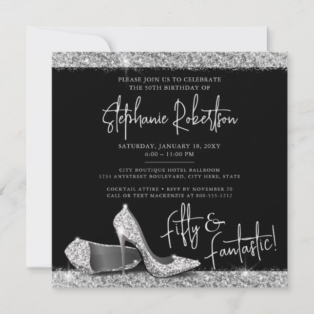 Invitation Silver Black High Heel Moderne 50e Carré d'anniver (Devant)