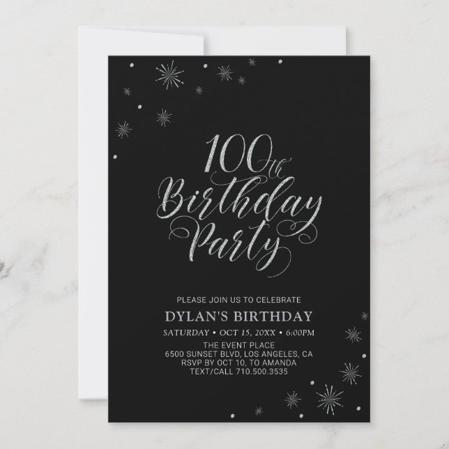 Invitation Silver & Black | Moderne fête d'anniversaire 100 a (Devant)