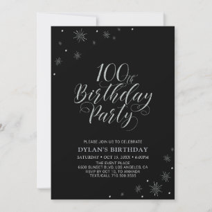 Invitation Silver & Black Moderne fête d'anniversaire 100 a