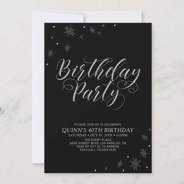 Invitation Silver & Black Photo moderne Adult Anniversaire Pa (Devant)